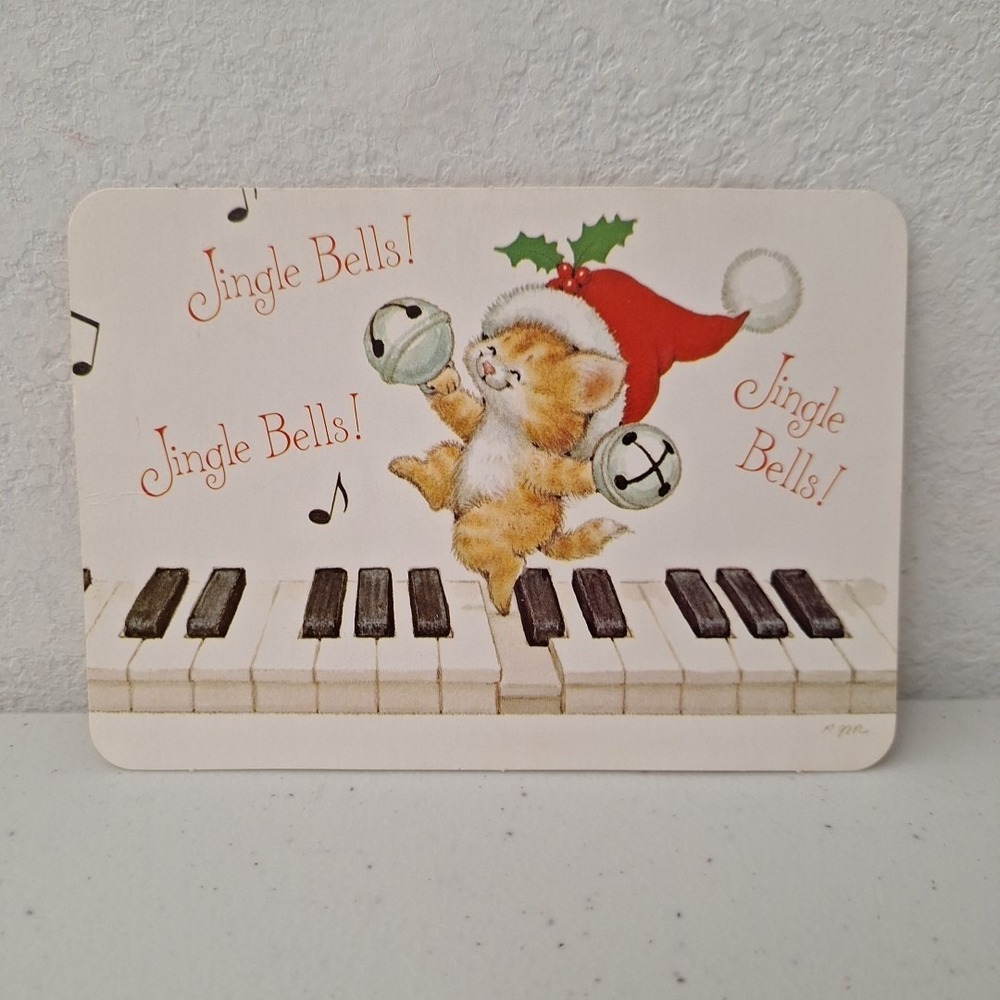 UNUSED Vintage MCM Postcard CHRISTMAS CAT 'Jingle Bells' Piano EXCELLENT